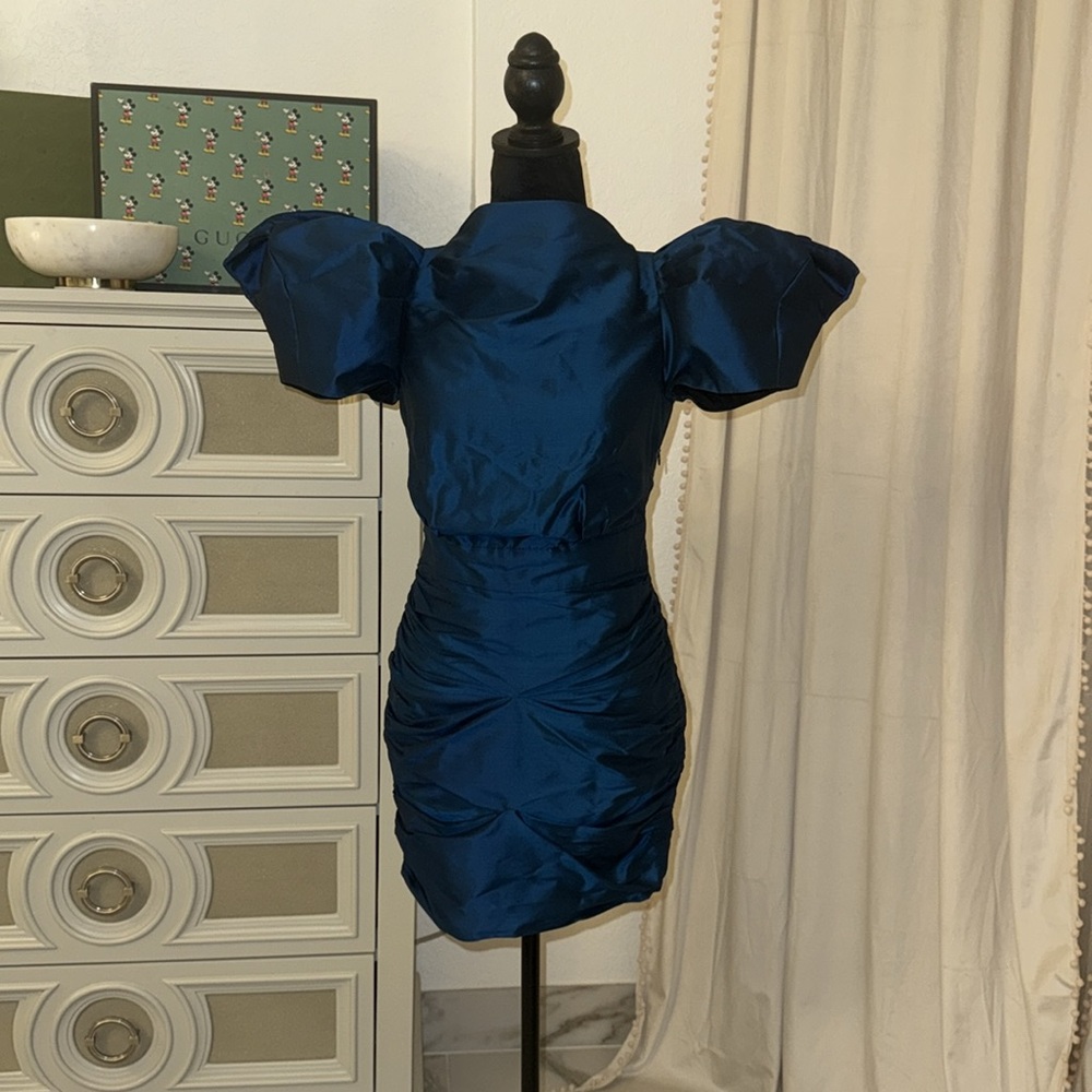 Structured Puff-Sleeve Cocktail Dress in Deep Blue